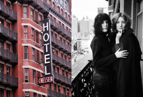 Left, the façade of the Chelsea Hotel, which was built in 1873. Right, residents Patti Smith and Viva (an Andy Warhol superstar), on one of the hotel balconies in 1971., Left, by Christian Heeb/laif/Redux; Right by David Gahr/Getty Images