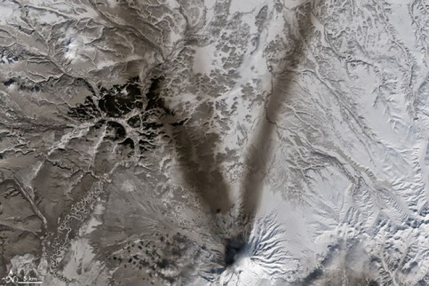 Letter V: ash on the snow around Shiveluch volcano on Russia’s Kamchatka peninsula