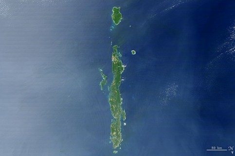 Andaman islands. The thin, bright rings surrounding several of the islands are coral reefs that were lifted by an earthquake near Sumatra in 2004