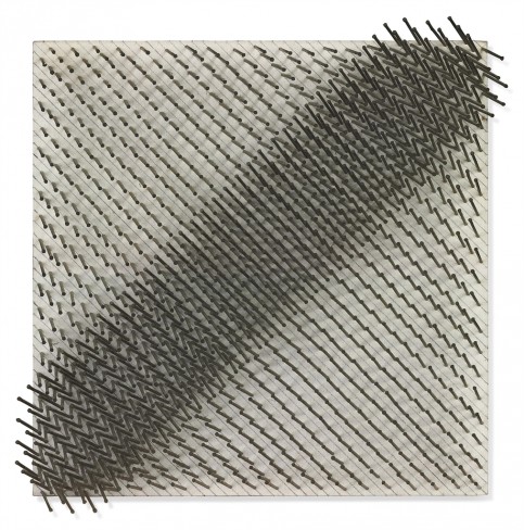 “Diagonal Structure”, 1965-75. Nails and graphite on canvas on panel (40 x 40 x 8.5 cm).