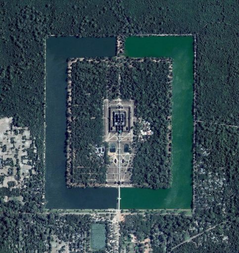 Angkor Wat, a temple complex in Cambodia, is the largest religious monument in the world (first it was Hindu, then Buddhist). Constructed in the twelfth century, the 820,000 square metre (8.8 million square foot) site features a moat and forest that surround a massive temple at its centre.